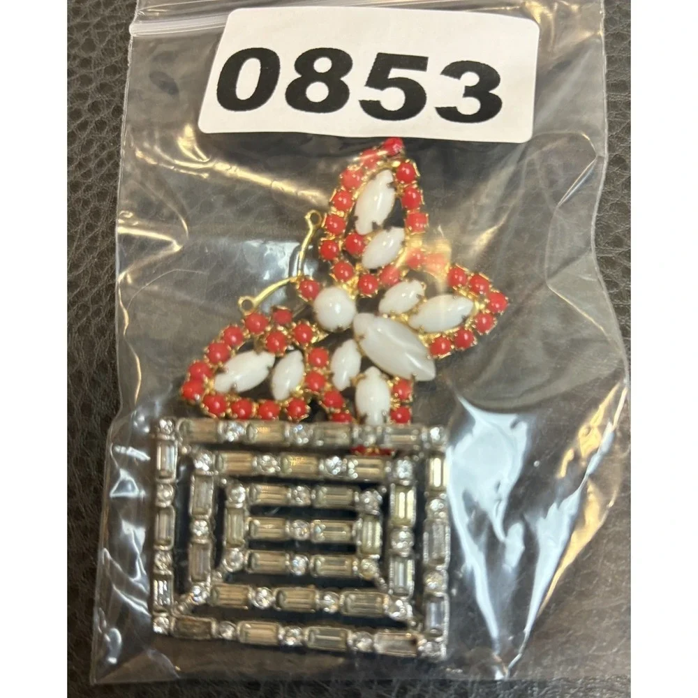 VTG Lot 2 Milk Glass Red Rhinestone Butterfly & Clear Crystal Deco Brooch REPAIR